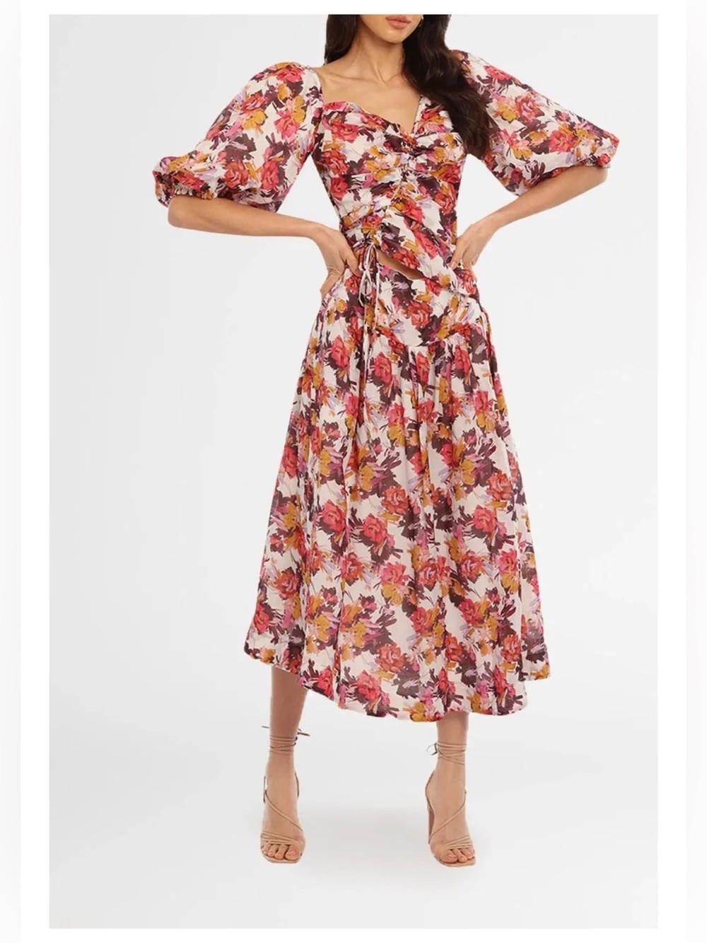 NICHOLAS Revolve Floral Puff-Sleeve Midi Dress NWOT Size 4